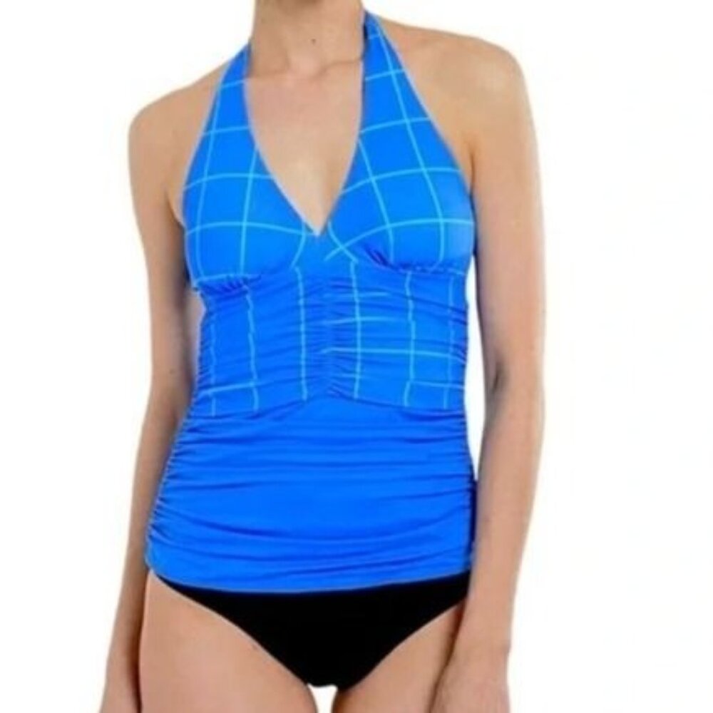 NWT FLAWED SPANX Tankini Sz 8 Electric Blue Ruched Halter Slimming Swimwear Top